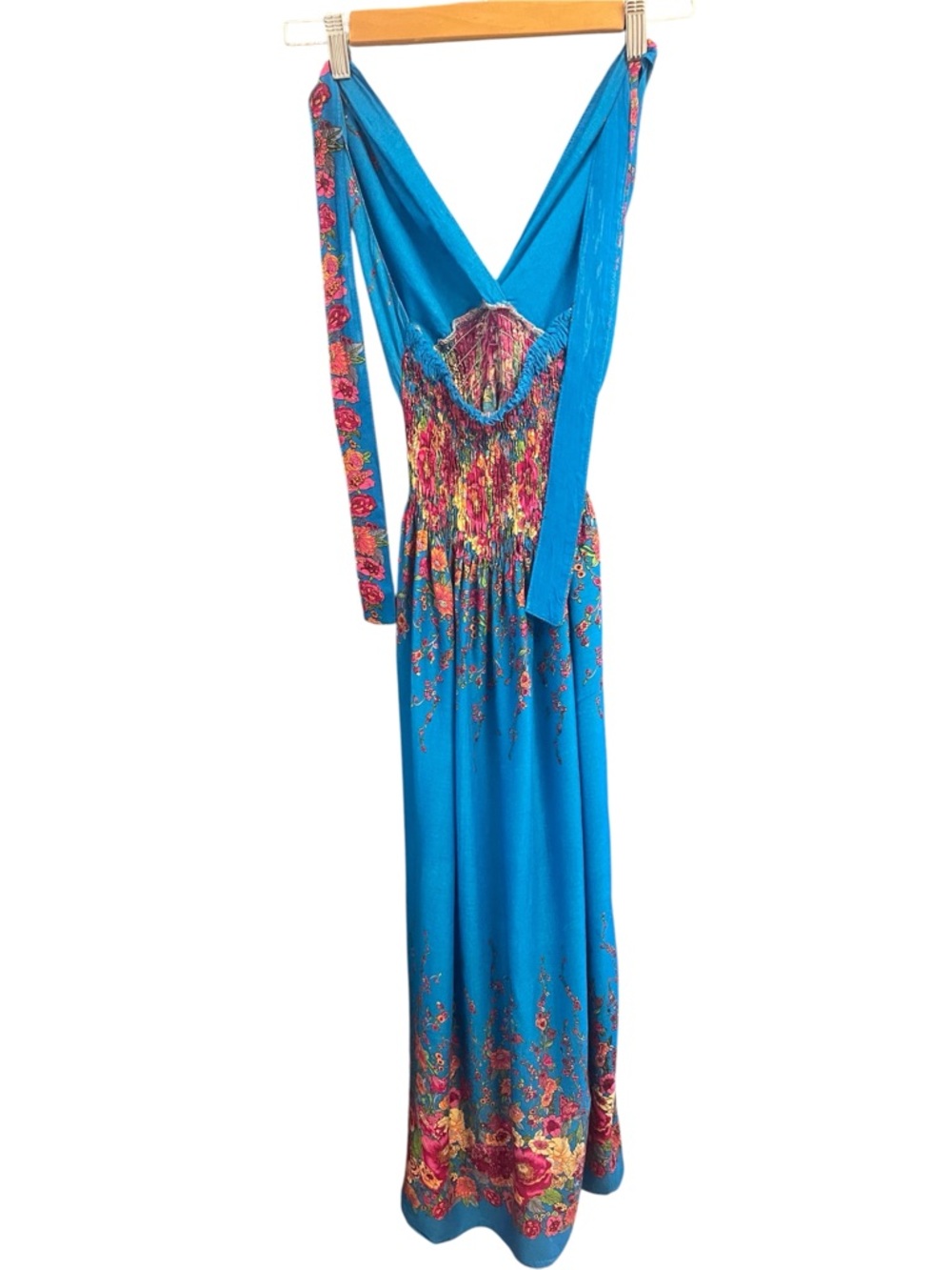 Bohemian Deep V Halter Maxi Dress, Royal Blue with VIBRANT Floral Design, - Picture 6 of 7